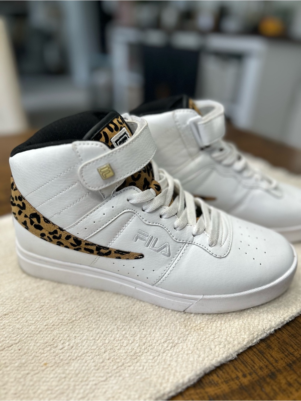 Fila Women’s White High-Top Sneakers with Leopard Accent